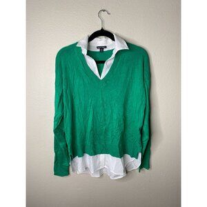Hilary Radley Green Knit Collared Layered Look Sweater L Polyester Blend
